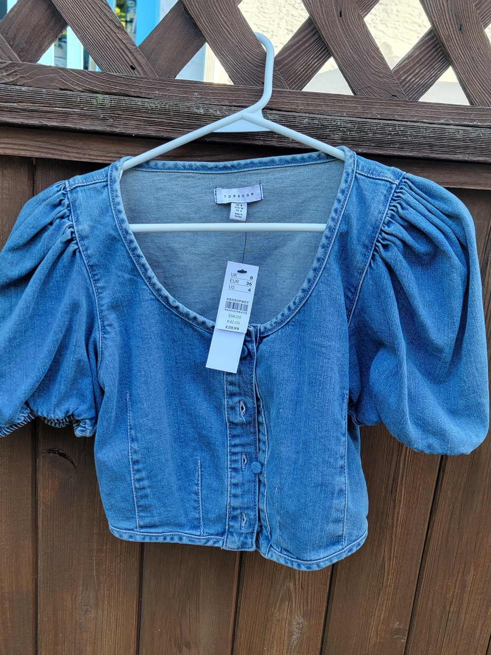 Topshop Light Blue Denim 98% Cotton Puff-Sleeve Button-Down Top